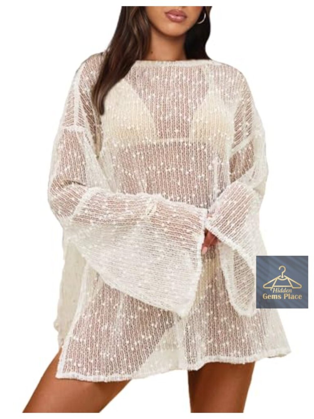 Women Long Sleeve Crochet Cover Up Dress Beach Swim Suit